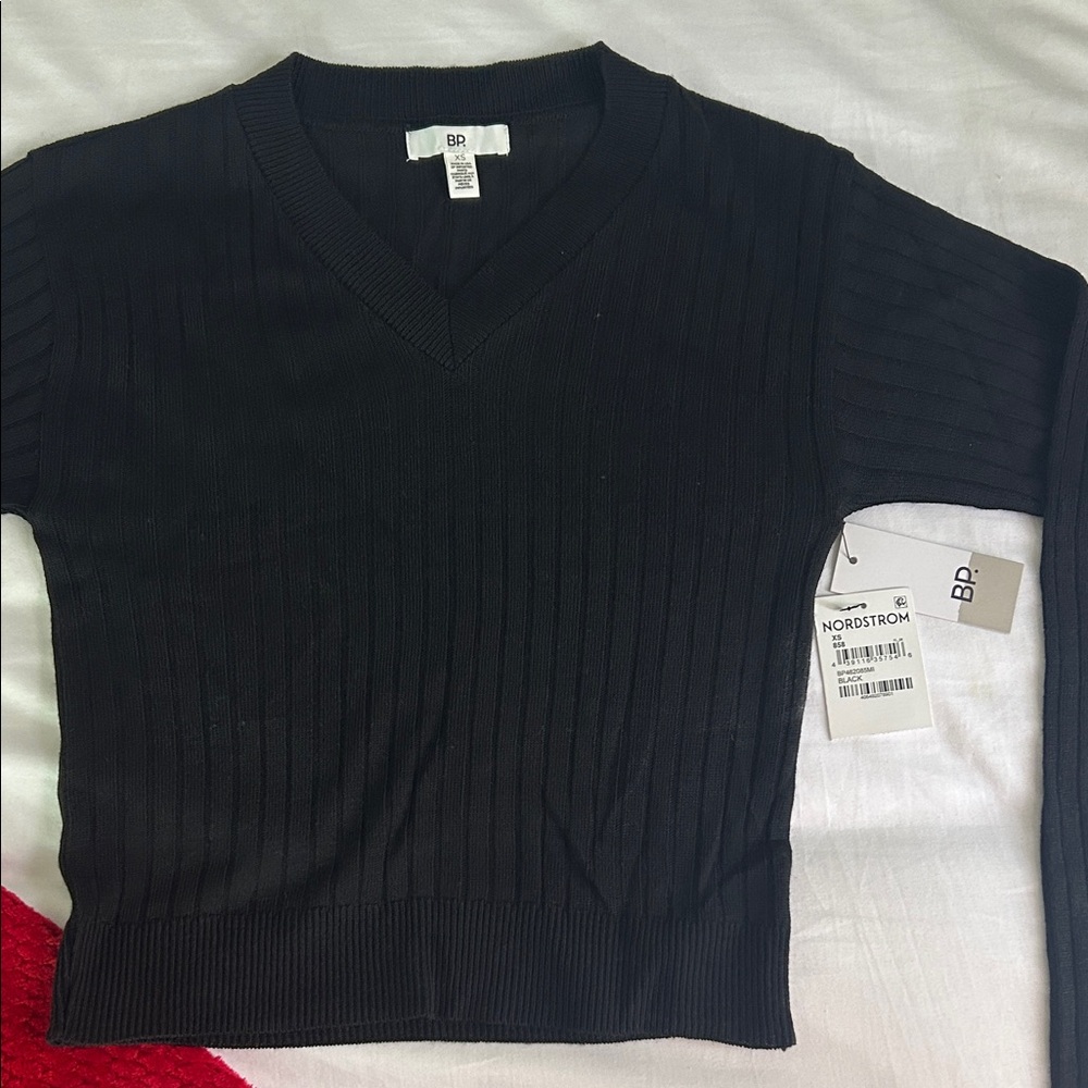 Black V-Neck Ribbed Long-sleeve Sweater